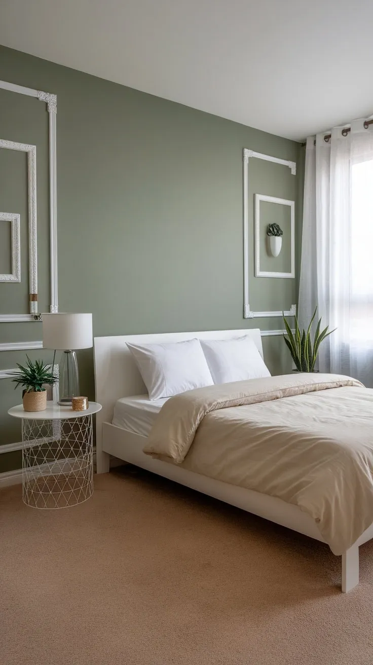 A serene sage green accent wall complements the minimalist white furniture and beige accents in this modern apartment bedroom.