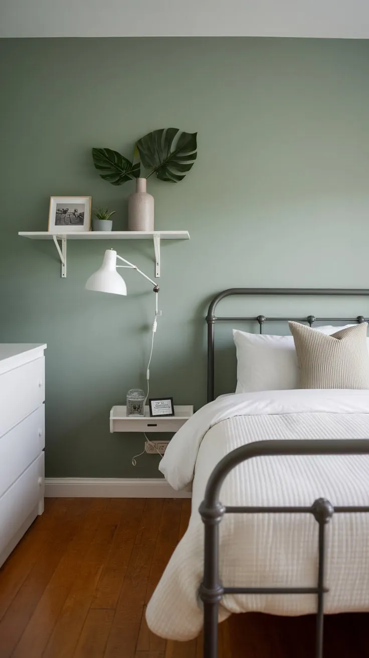 Clean lines and a calming palette define this modern apartment bedroom, featuring a white bed and sage green walls for a comfortable and stylish space.