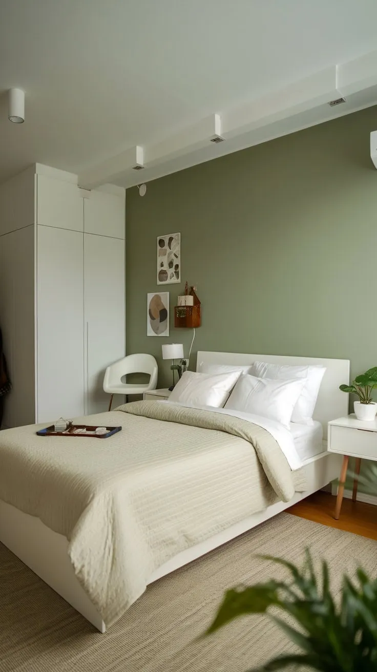 This modern apartment bedroom's sage green wall creates a tranquil atmosphere enhanced by white furnishings and subtle beige accents.