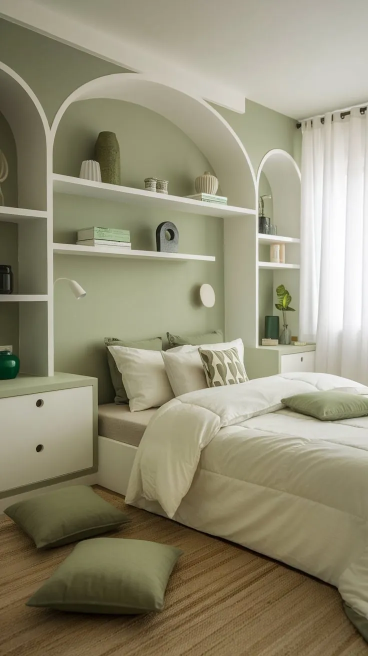 A serene sage green apartment bedroom features a minimalist white bed and accents, creating a calming and modern space