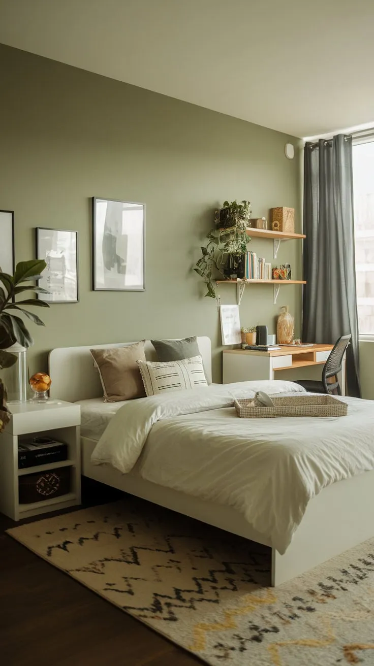 A serene sage green apartment bedroom features a minimalist white bed, soft lighting, and personal touches for a calming atmosphere