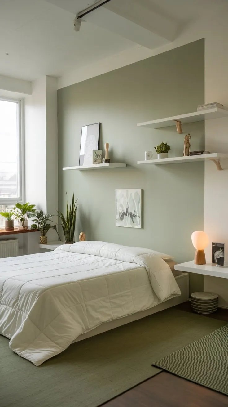 A serene sage green and white apartment bedroom boasts a calming atmosphere with pops of personality from personal touches and natural light.