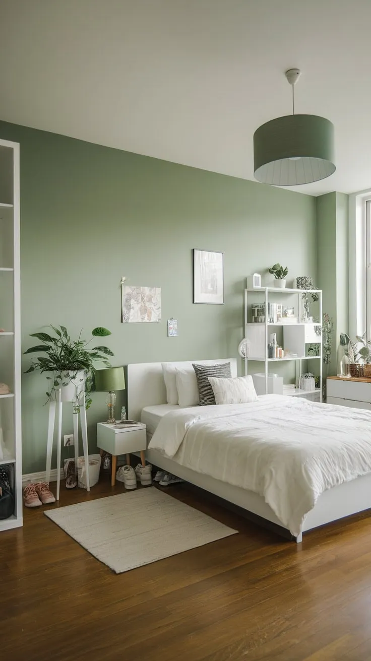 A spacious, light-filled apartment bedroom boasts a calming sage green wall, white furnishings, and tasteful greenery.