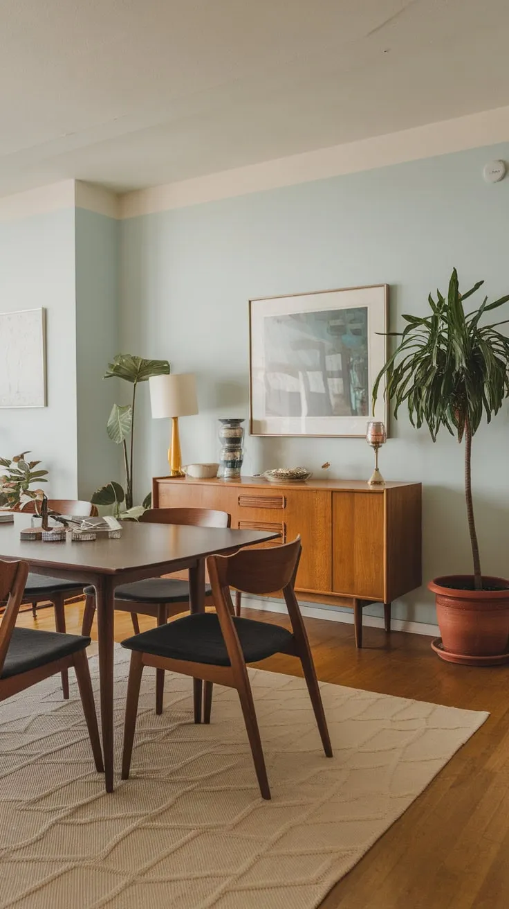 Mid-century modern style defines this apartment's dining room, complete with a wooden table, vintage cabinet, and calming light blue walls.