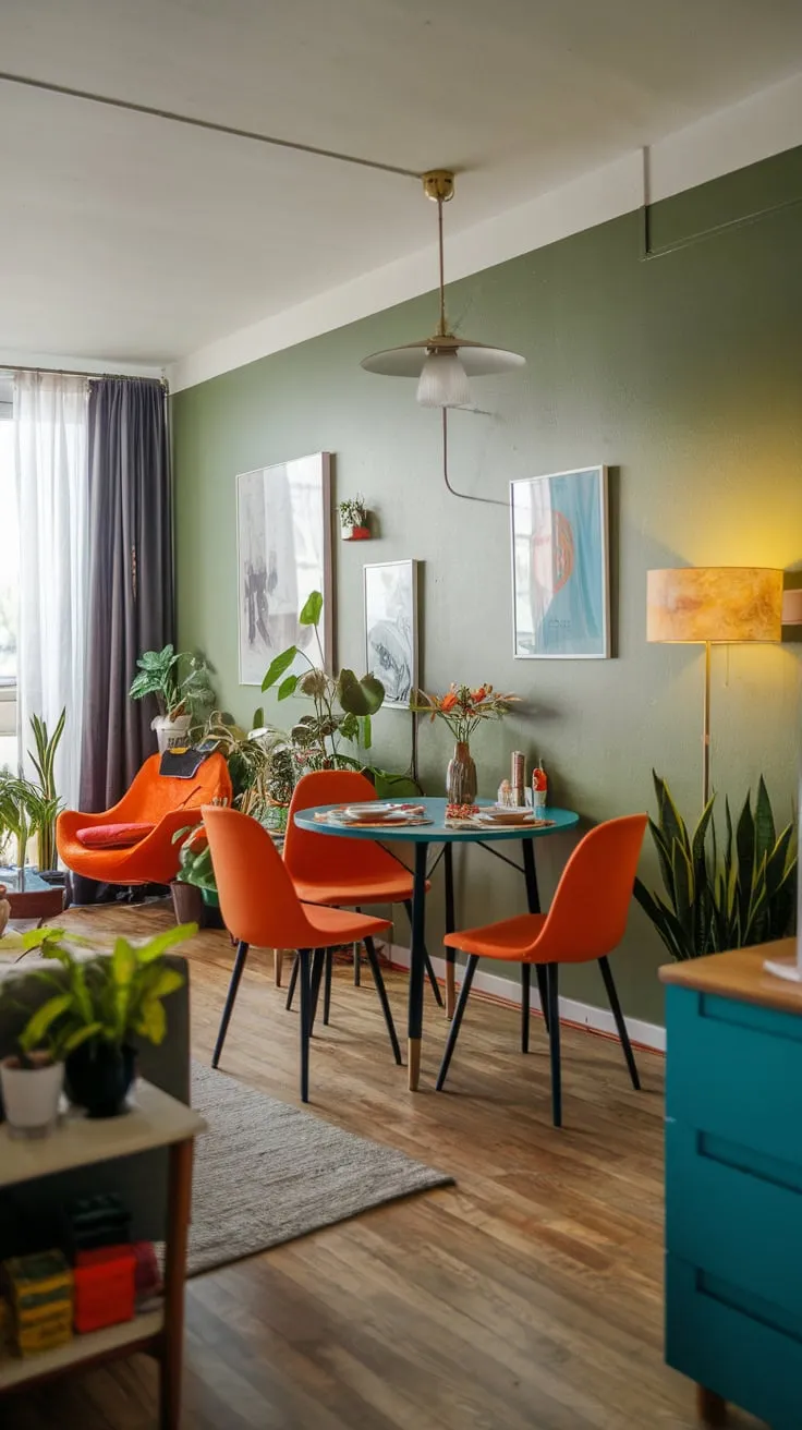 A vibrant mid-century modern apartment dining room boasts a green wall, orange chairs, and a blue table creating a cozy and inviting atmosphere.