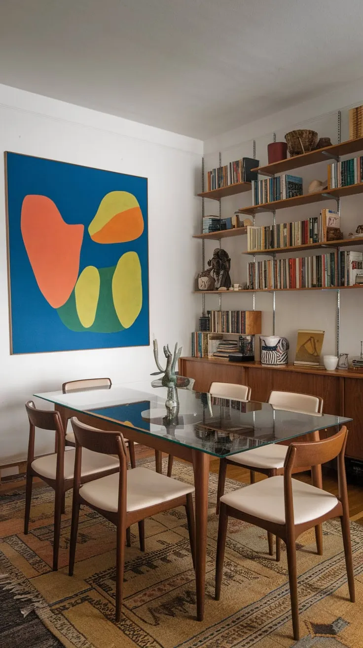 A mid-century modern apartment dining room boasts a glass-topped table, vibrant abstract art, and a curated bookshelf, all set against a patterned rug.