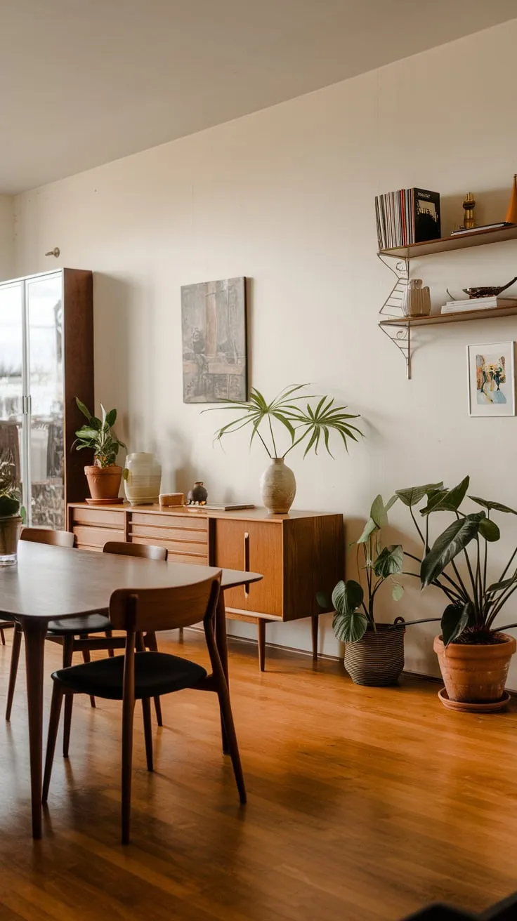 Mid-century modern style defines this apartment's cozy dining room, complete with wooden furniture, potted plants, and curated wall decor.
