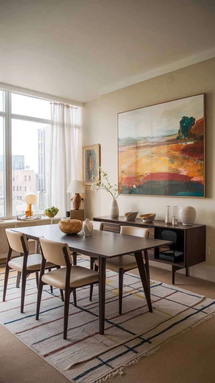 A mid-century modern apartment dining room boasts a cityscape view, a vibrant landscape painting, and a dark wood table setting a sophisticated tone.