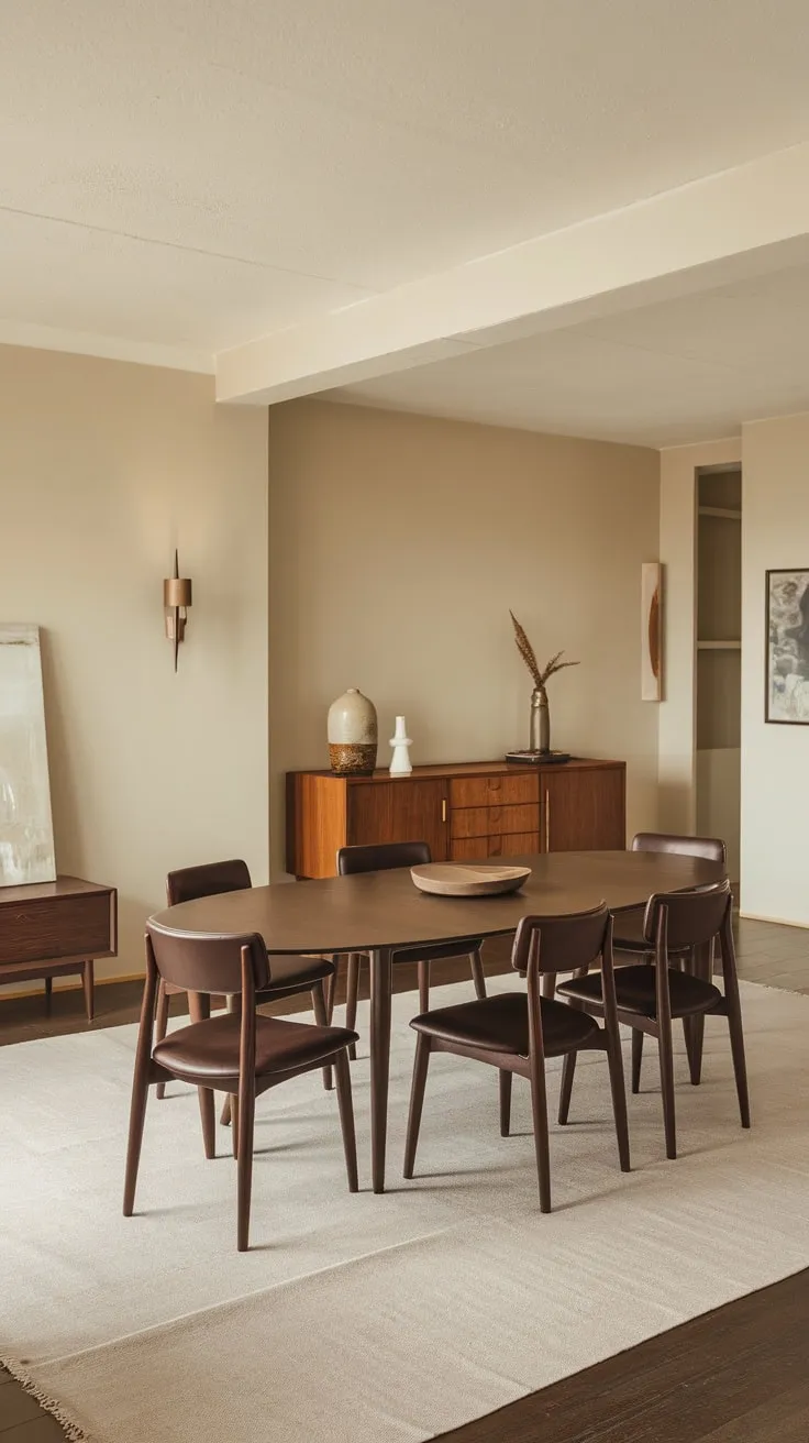 A minimalist mid-century modern apartment dining room boasts an oval table, vintage credenza, and soft beige walls creating a functional yet stylish space