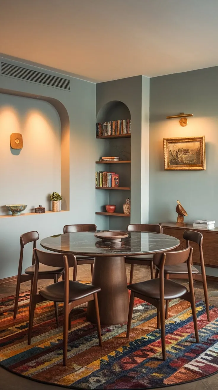 A stylish apartment boasts a mid-century modern dining room with a marble-topped table, gray walls, and curated decorative accents.