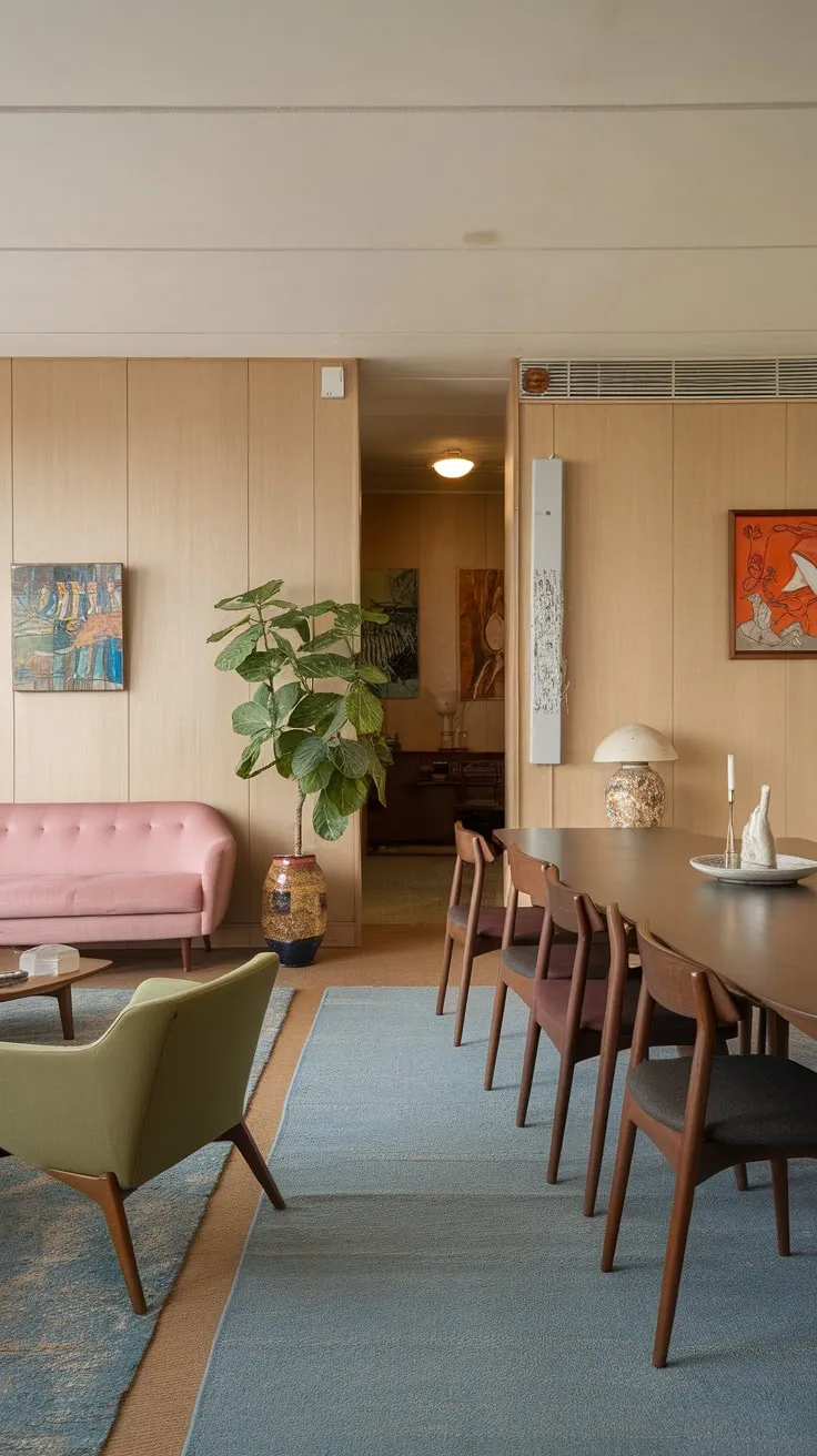 Warm wood paneling and a blue rug complement a vibrant apartment dining room with a long wooden table and eclectic seating.