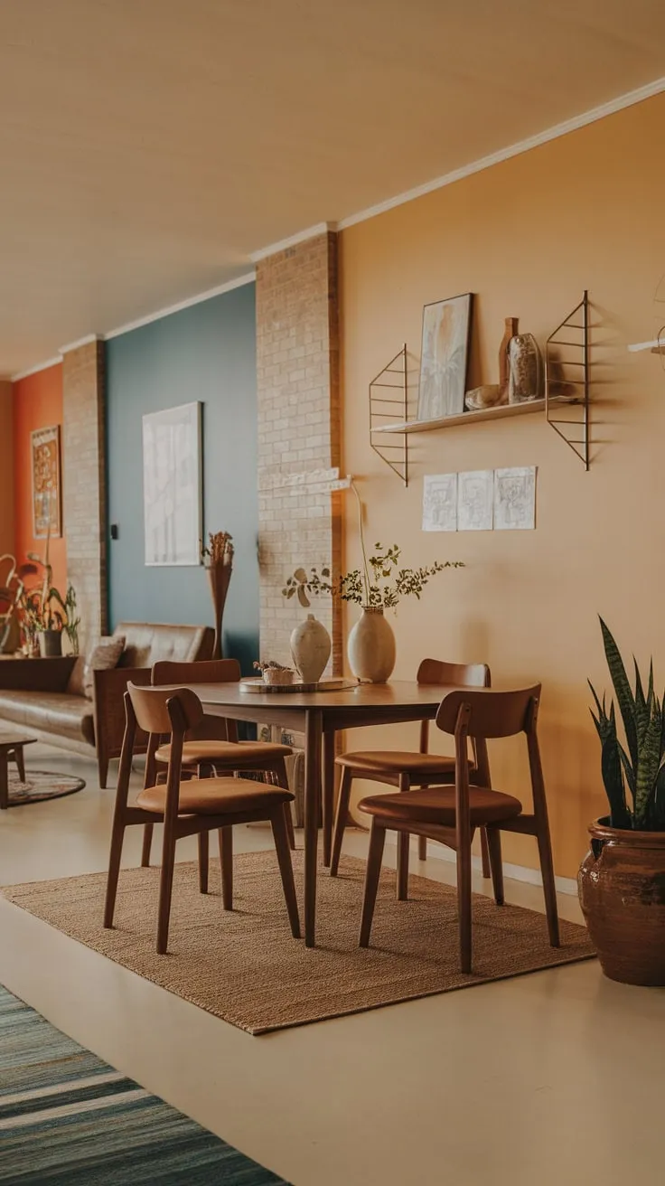 Warm mid-century modern style fills this apartment dining room, showcasing a wooden table, art, and a calming color palette.