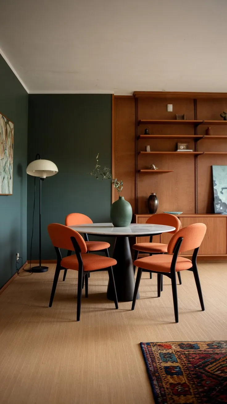 A vibrant orange and dark green mid-century modern apartment dining room features a round marble table and curved chairs, creating a stylish and inviting space.