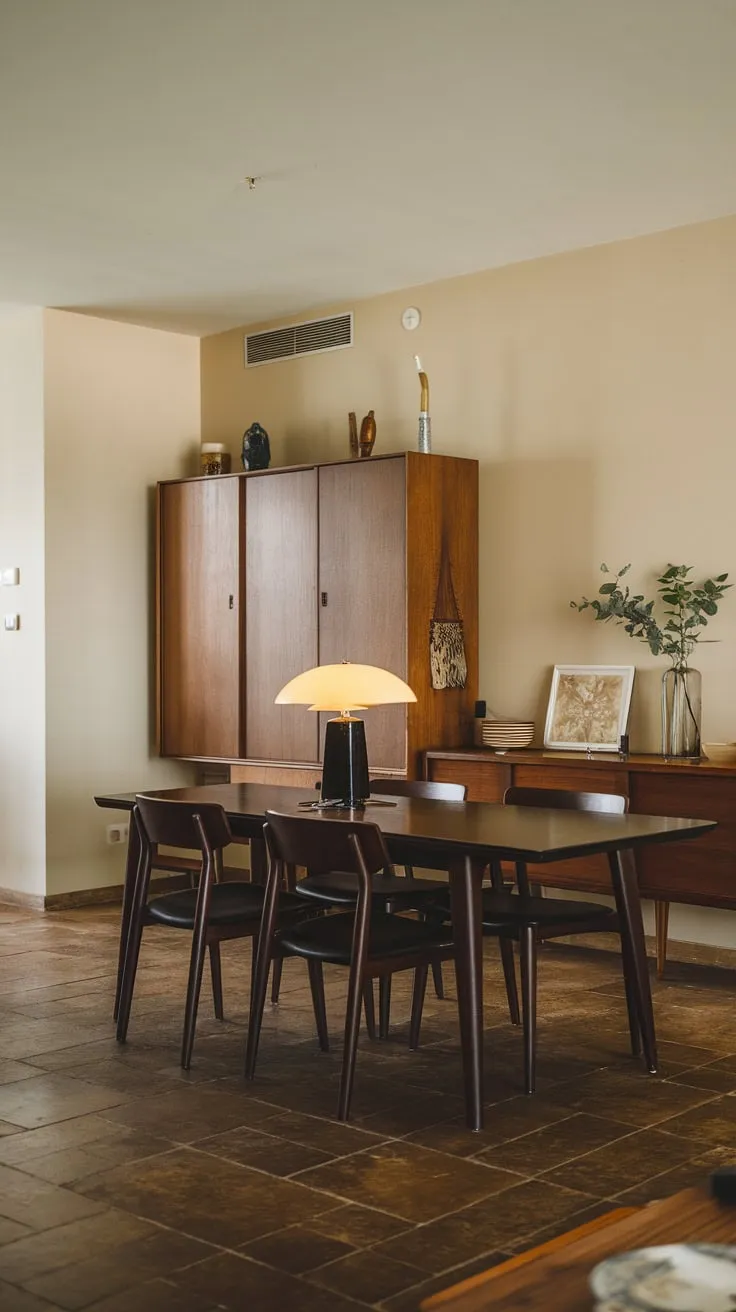 A vintage lamp illuminates a dark wood dining table and coordinating cabinetry in this stylish apartment dining room.