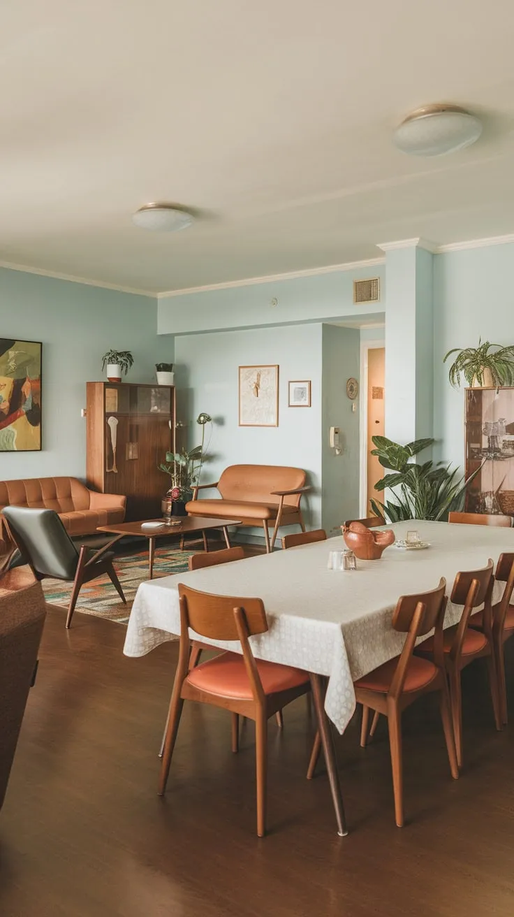 A light blue-walled apartment boasts a mid-century modern dining area featuring a long wooden table, white tablecloth, and stylish furniture.