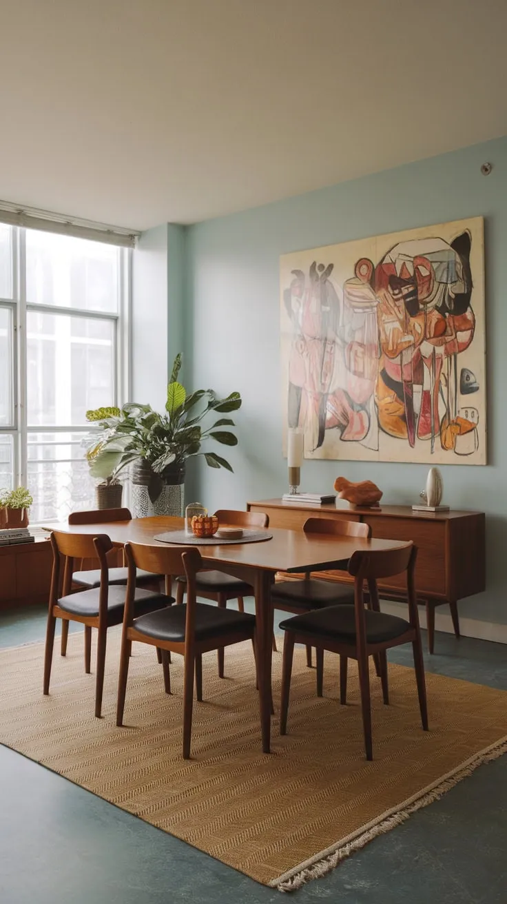 A vibrant abstract painting anchors a mid-century modern apartment dining room, its wooden table and six chairs warmed by soft blue walls and a beige rug.