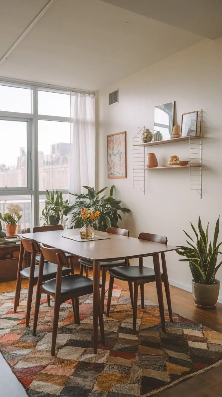 Stylish mid-century furniture and vibrant decor create a captivating apartment dining space overlooking a city panorama.