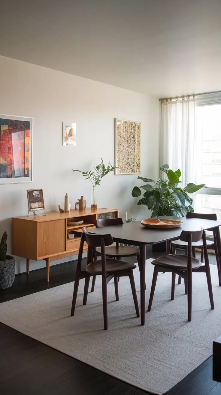Mid-century modern style defines this apartment's dining room, showcasing a dark wood table, light credenza, and pops of color.