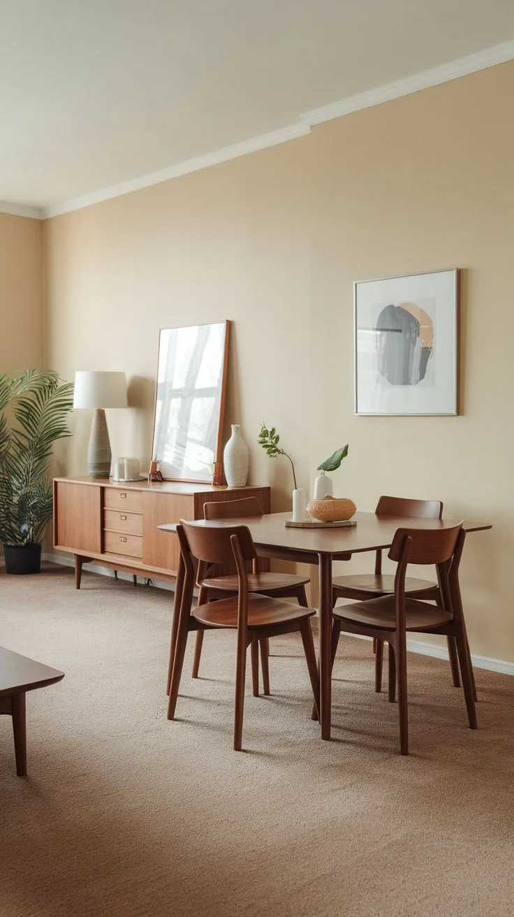 Warm beige walls and a light brown carpet complement a stylish mid-century modern apartment dining set.