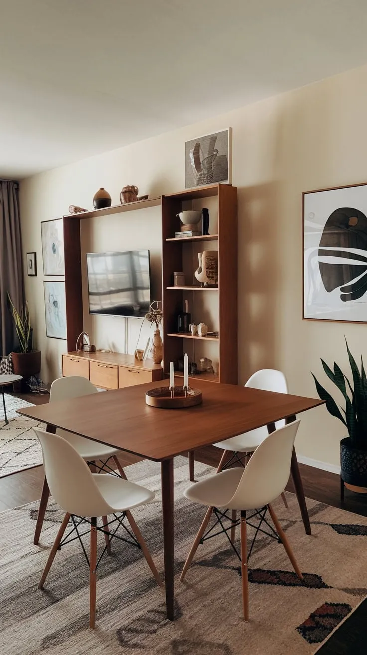 A mid-century modern apartment dining room boasts a warm, inviting atmosphere with a wooden table, white chairs, and tasteful décor.