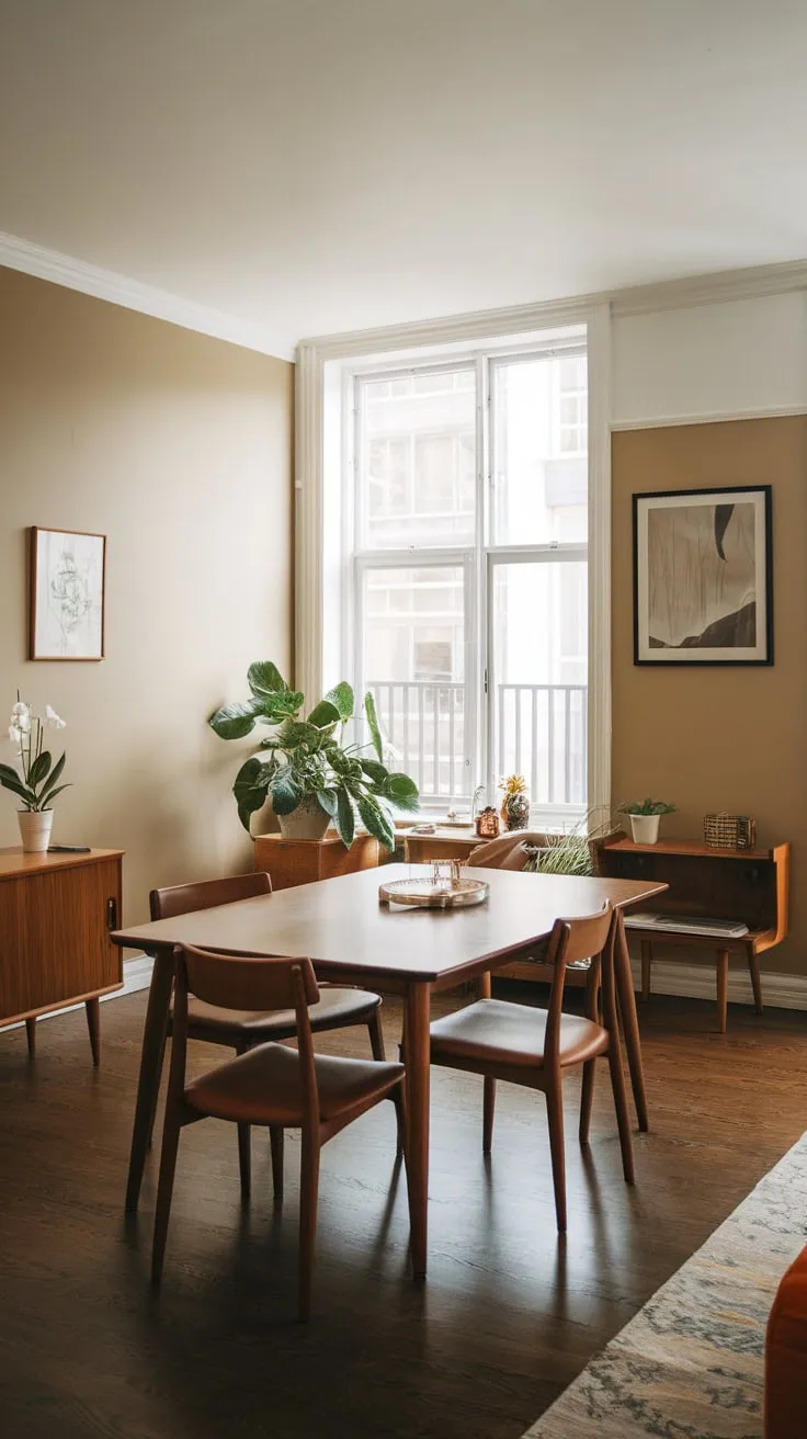 Warm beige walls and dark wood floors highlight a mid-century modern dining set in a cozy apartment dining room