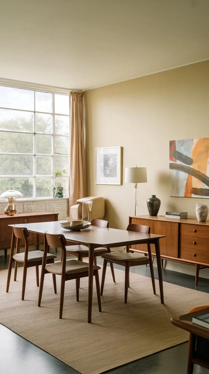 Mid-century modern elegance fills this apartment's dining room, a sunlit space overlooking greenery