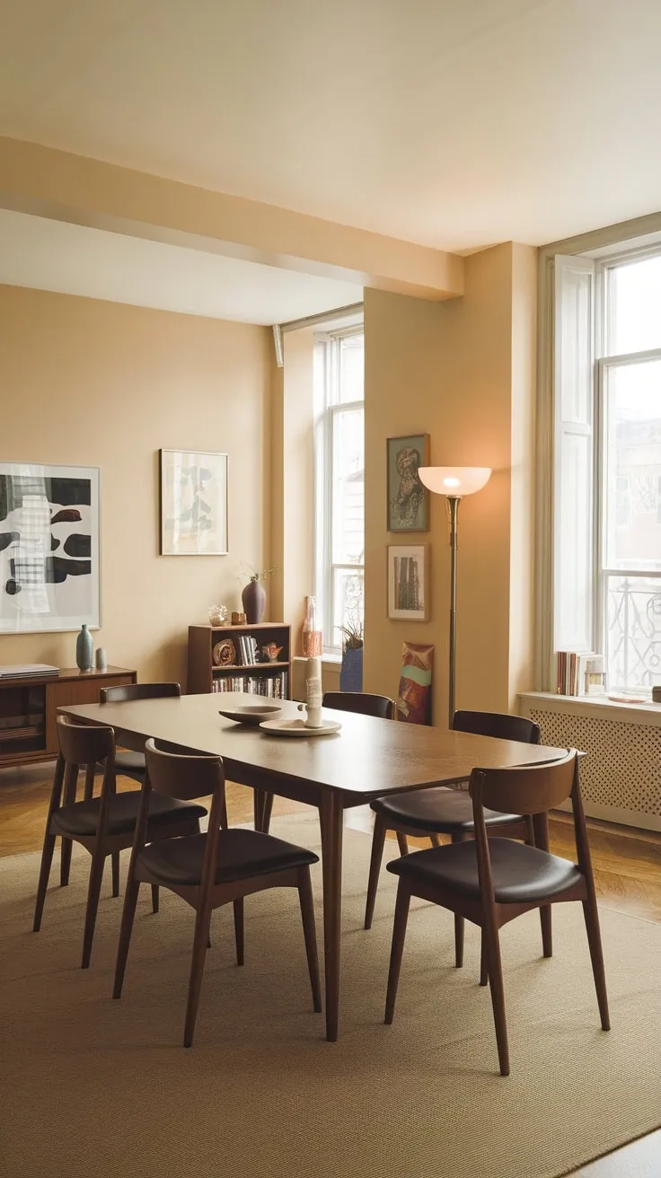 A mid-century modern apartment dining room glows with warm beige walls, a large wooden table, and vintage style accents.