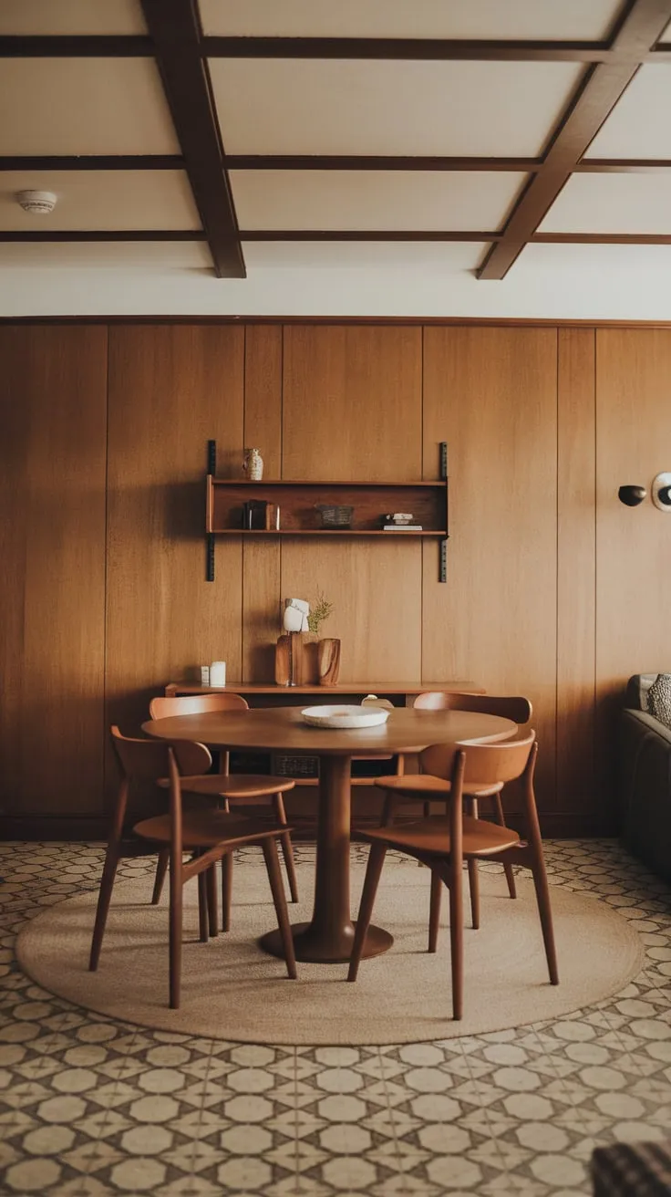 A mid-century modern apartment dining room boasts exposed beams, patterned tile, and a round wooden table setting a warm inviting tone.