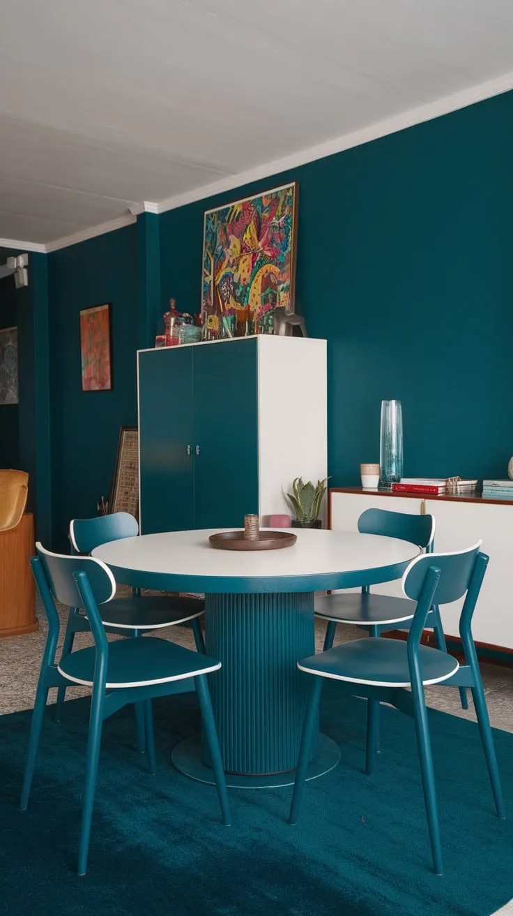A mid-century modern apartment dining room boasts a cohesive dark teal and white color scheme, anchored by a round table and complemented by colorful artwork.