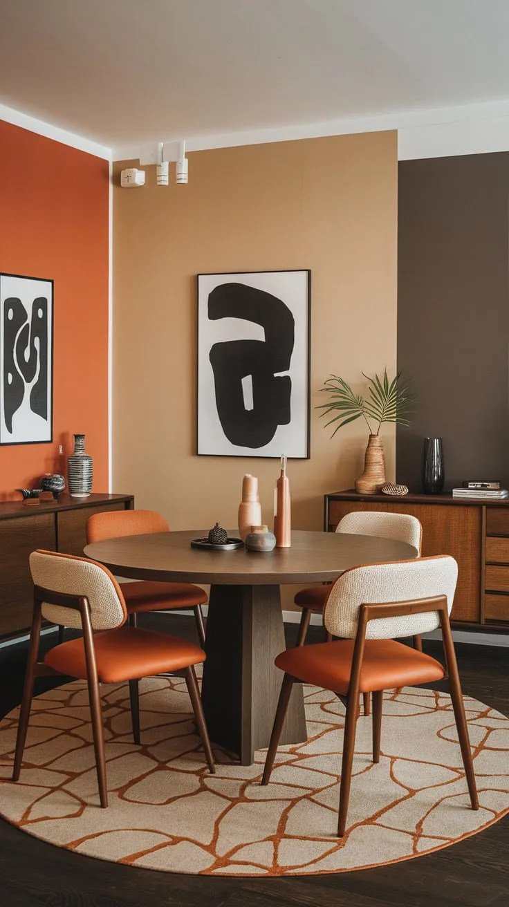 A mid-century modern apartment dining room boasts a vibrant color palette of orange, beige, and grey, anchored by a circular wooden table and eclectic artwork.