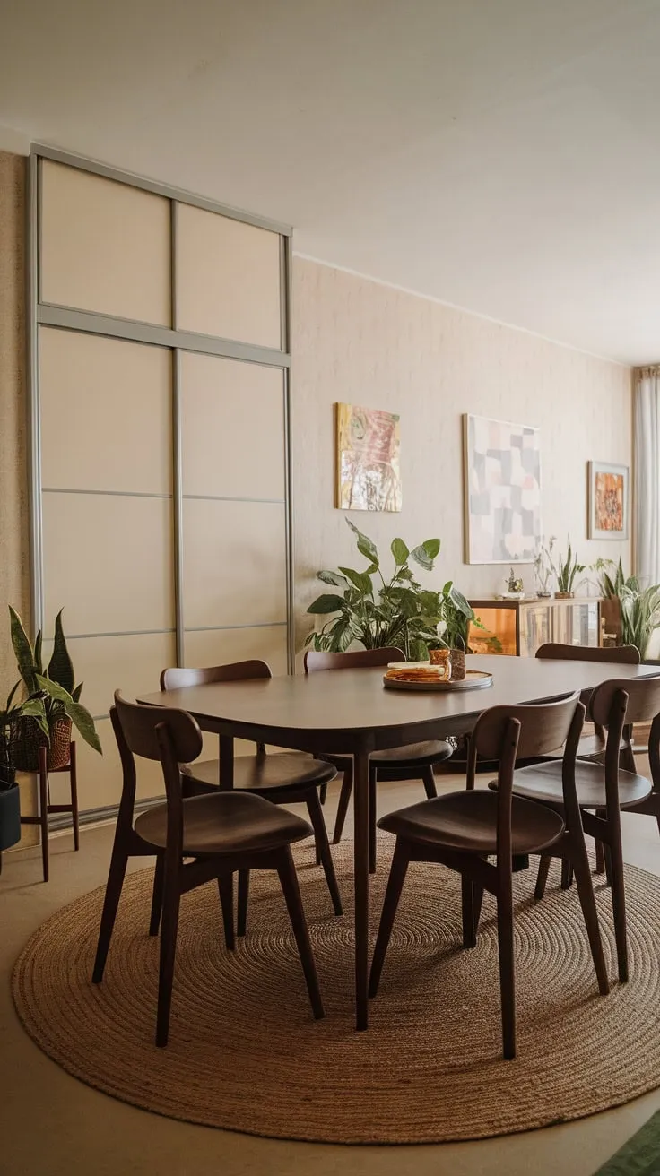 Warm light bathes a mid-century modern apartment dining room, its dark wood table and curved chairs creating an inviting space accented by art and plants.