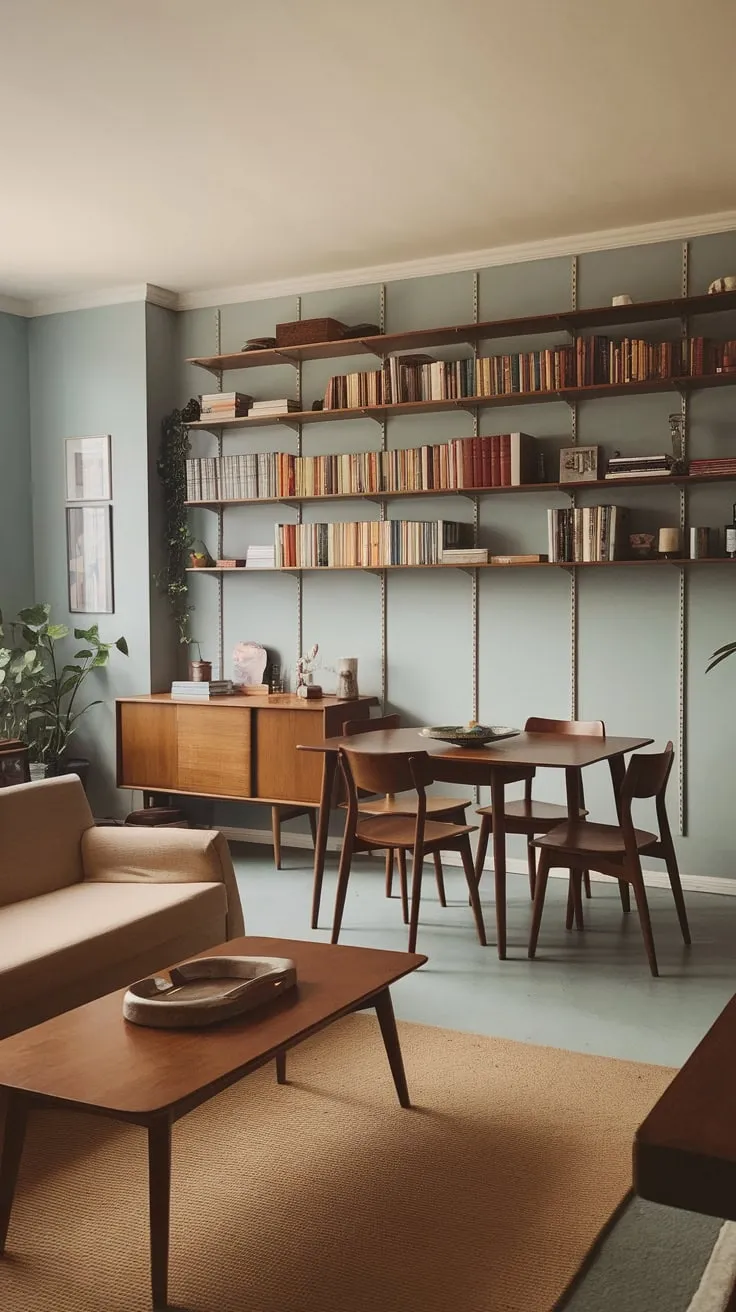 A mid-century modern apartment boasts a stylish dining area featuring a wooden table, comfy sofa, and calming blue-grey walls