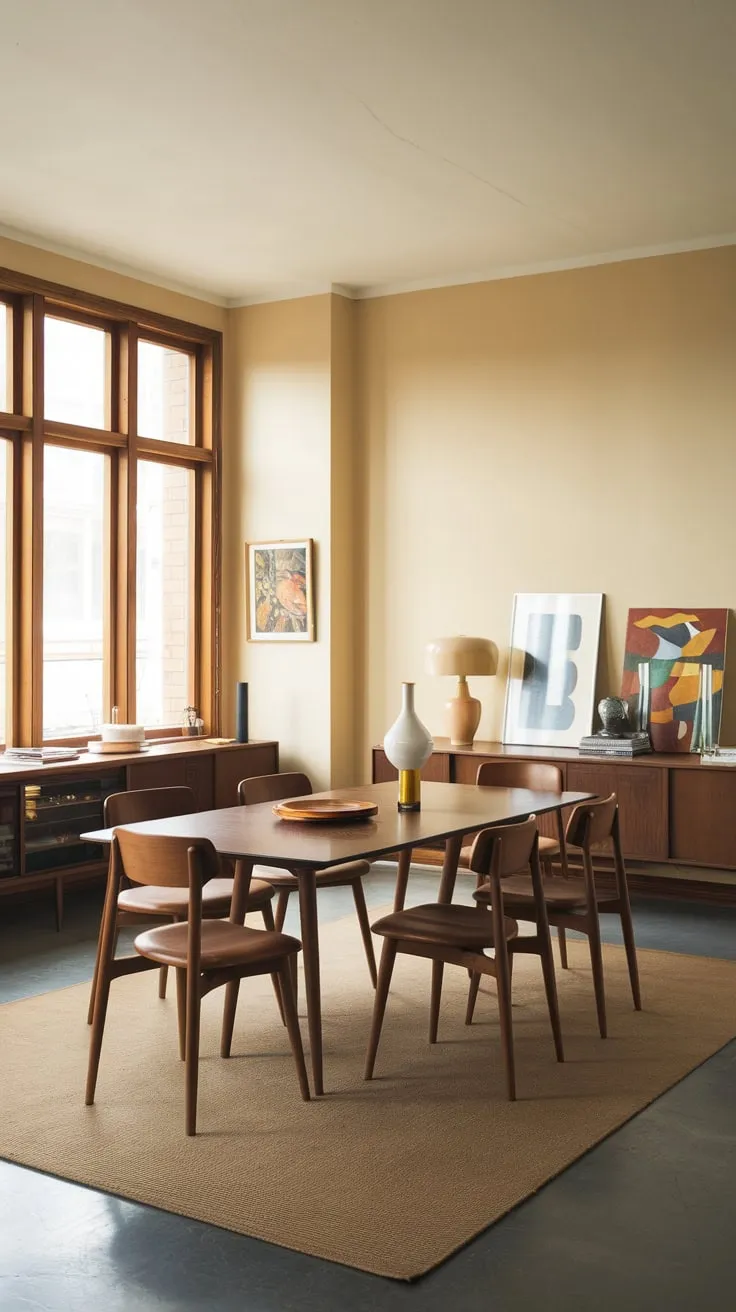 A mid-century modern apartment boasts a sunlit dining room featuring a wooden table, chairs, and tasteful artwork.