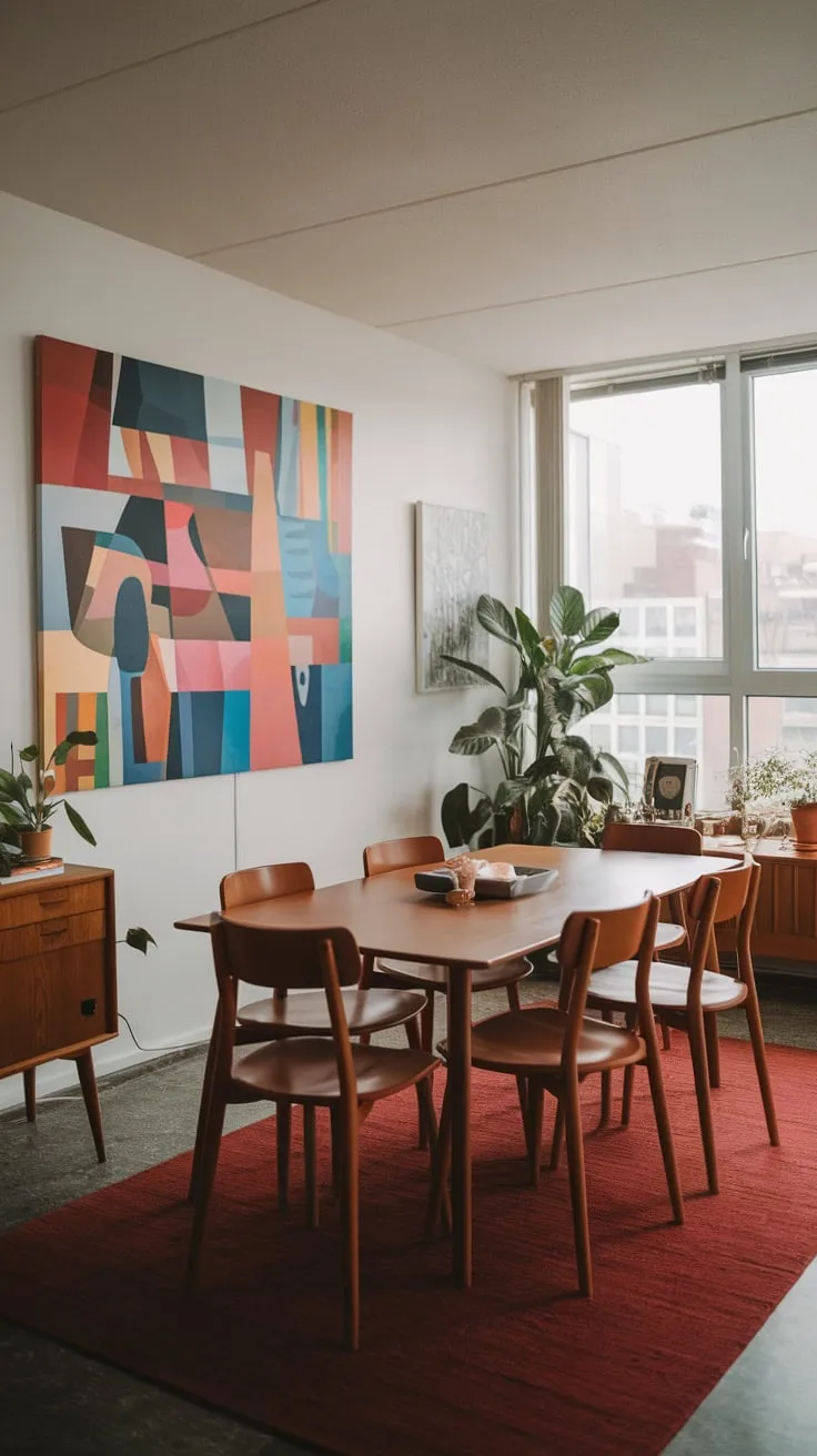 Mid-century modern style defines this apartment's vibrant dining room, complete with a wooden table, colorful artwork, and a red rug.