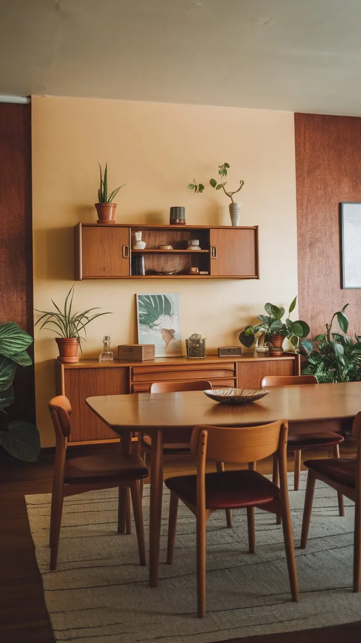 A cozy apartment dining room boasts a mid-century modern aesthetic, complete with a wooden table, built-in cabinetry, and a touch of greenery.