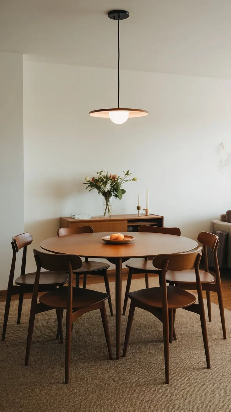 Mid-century modern style defines this apartment's cozy dining room, featuring a round wooden table, curved chairs, and minimalist lighting.