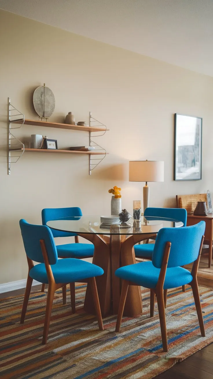 Vibrant blue chairs surround a mid-century modern glass-topped dining table in a stylish apartment dining room.