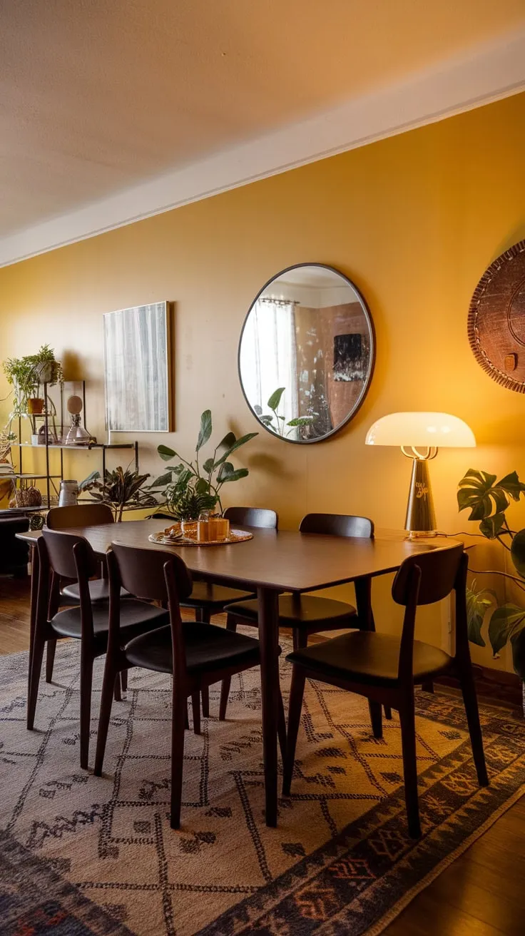 Warm lighting illuminates a mid-century modern apartment dining room, its yellow walls accented by a dark wood table, vintage lamp, and stylish décor.