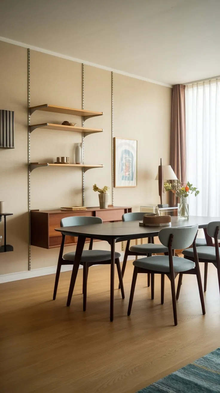 A stylish apartment dining room boasts mid-century modern design with a light wood floor, beige walls, and comfortable light blue chairs around a dark wood table.