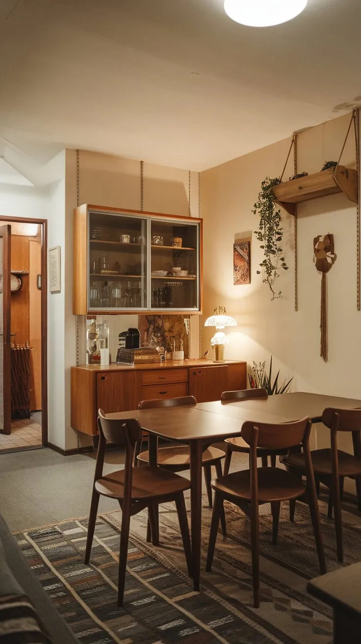 A cozy apartment dining room boasts mid-century modern style with a wooden table, patterned rug, and charming wall accents.