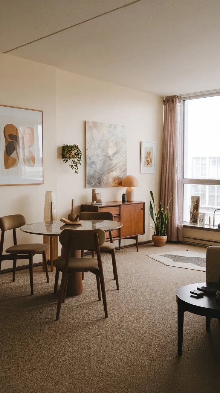 A mid-century modern apartment dining room, sparsely furnished yet stylish, boasts a marble-topped round table and tasteful décor.