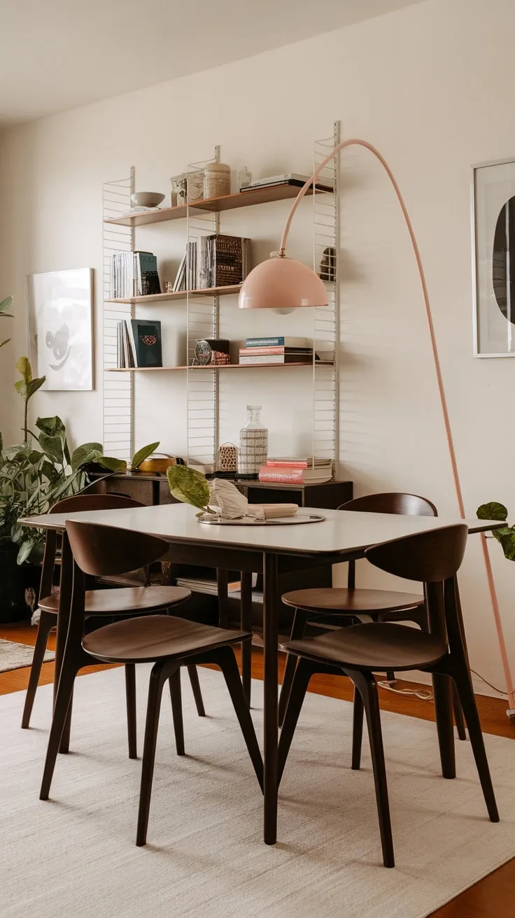 A light rug anchors a dark wood dining set and vibrant accents in this stylish apartment dining space.