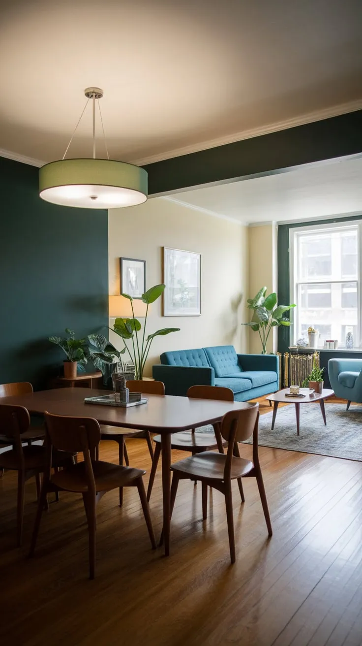 Hardwood floors and a white ceiling complete the stylish apartment dining room and living area.