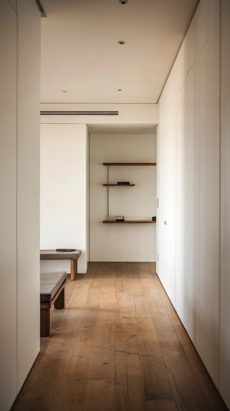 Soft light illuminates a minimalist apartment entrance, showcasing a serene wooden-floored hallway with simple furnishings.