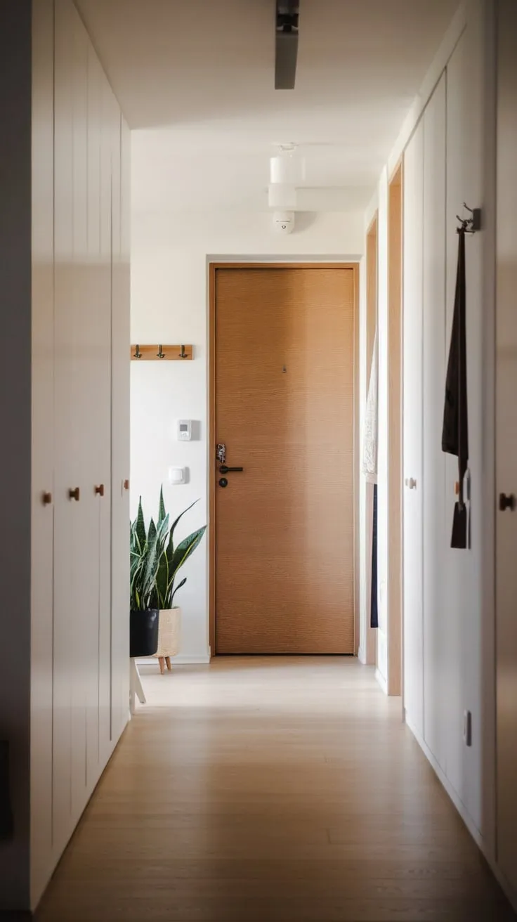 A serene apartment entryway boasts a clean white wall, light wood floors, and subtle accents.