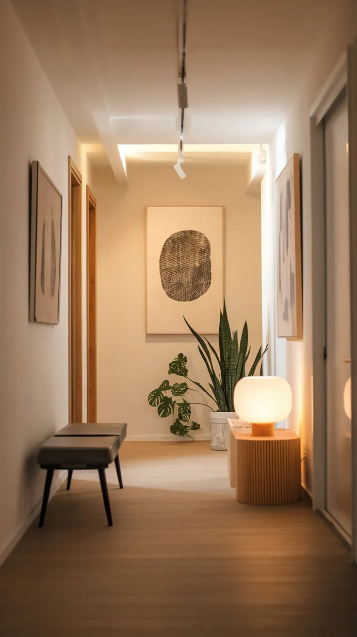 A cozy bench, plant, and art greet you in this modern apartment hallway.