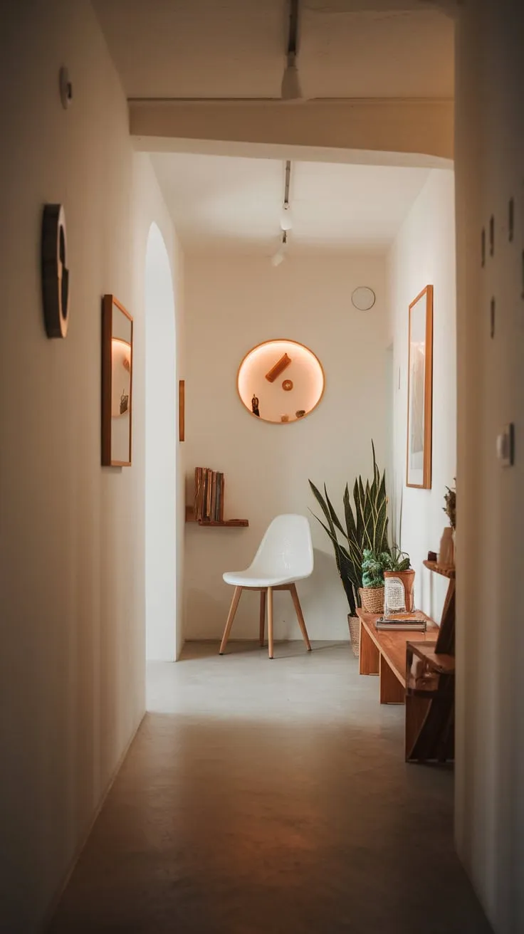 A white hallway, subtly personalized with plants and art hints, welcomes you to a peaceful apartment.