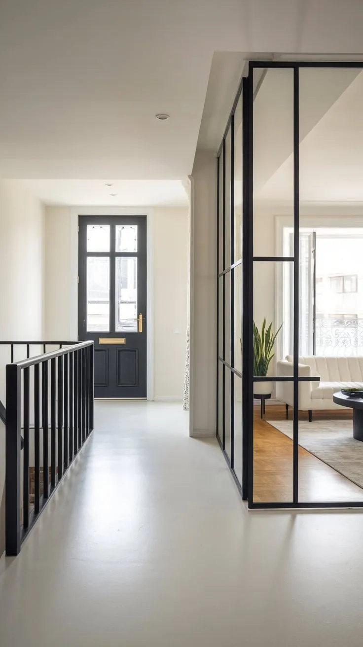 Sleek black accents contrast the bright white hallway leading to a minimalist living space