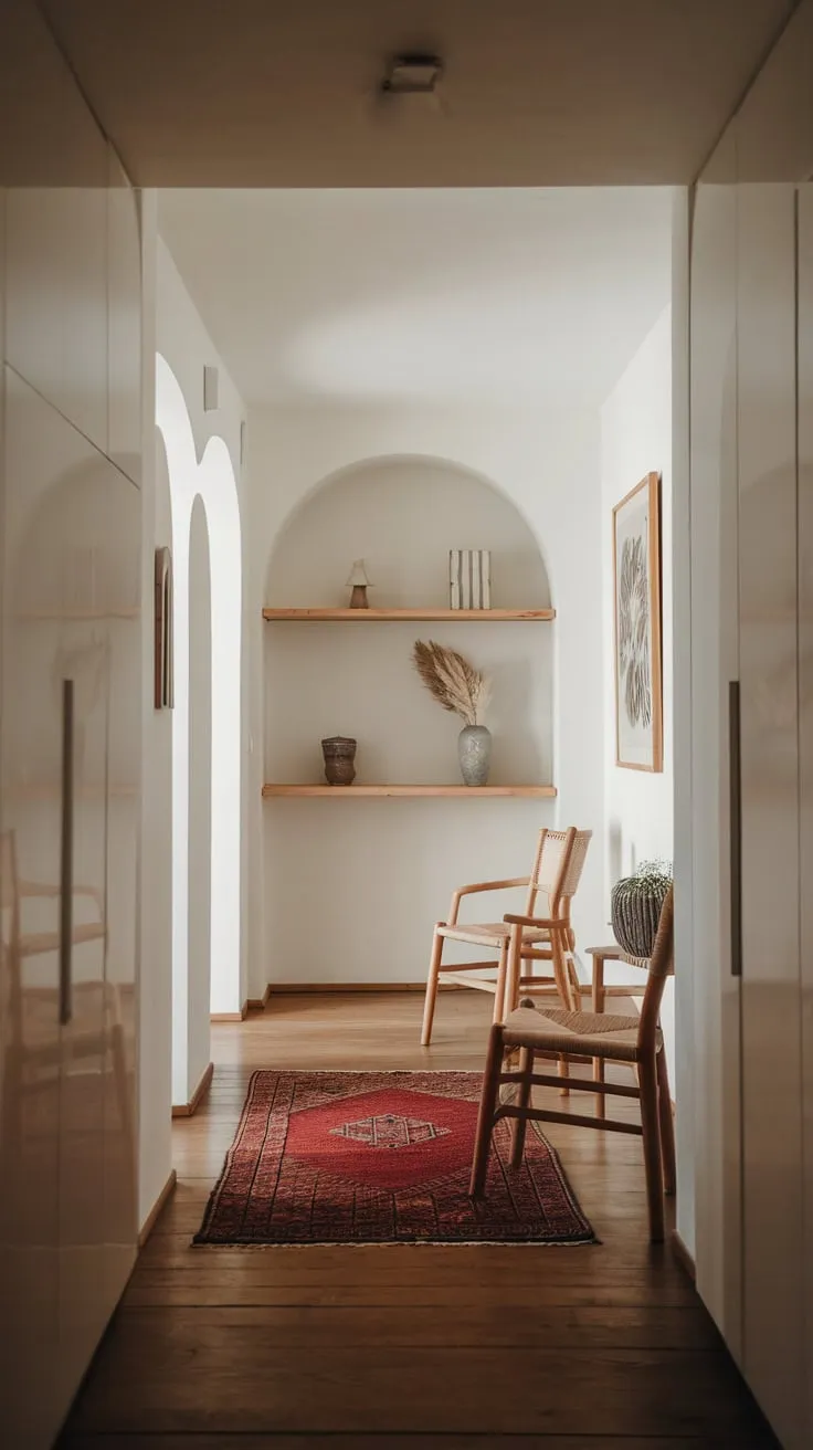 A cozy minimalist apartment entrance welcomes you with a wood-floored hallway, a plush rug, and thoughtfully placed seating.