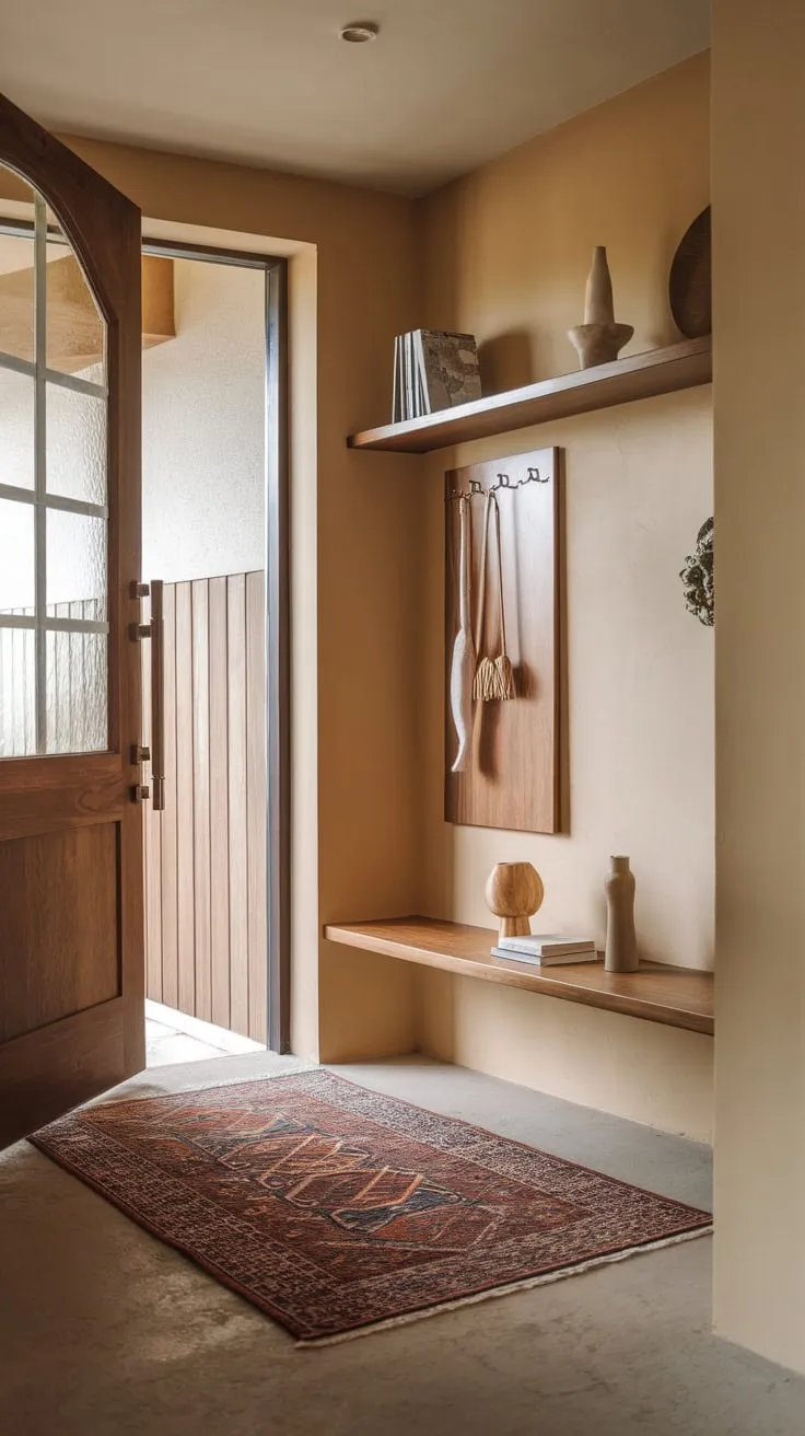 A warm beige hallway welcomes you to a minimalist apartment, its wooden door and patterned rug hinting at cozy comfort within